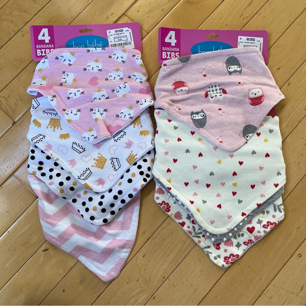 2x Le Bebe Favorite Girls Bandana Bibs, 0+ Months, Assorted Prints, 8 Bibs Total